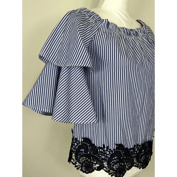 ZARA Blue & White Striped Off the Shoulder Puff Sleeve Lace Blouse Size Medium - Picture 11 of 13